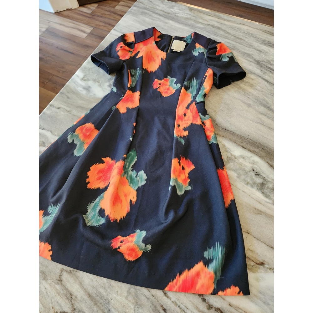 Anthropologie McGinn Navy Blue Orange Abstract Floral Fit and Flare Mini Dress